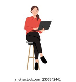 Young woman happy smiling. While her using laptop sitting on chair. Flat vector illustration isolated on white background