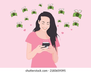 Joven contenta de que esté ganando dinero en los smartphones. Concepto de ganancia en línea de ilustración de vectores.