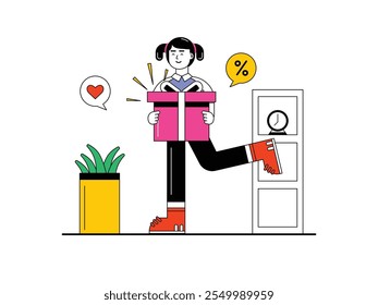 Mujer joven es feliz mientras lleva la caja del paquete de la compra en línea, entregada a casa. Diseño de personajes. Ilustración plana de Vector