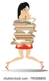 Young woman hardly holds a lot of books or documents illustration isolated vector