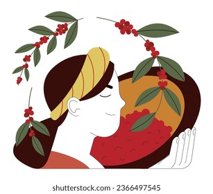 Young woman harvesting coffee beans. Coffee plantation worker holding a basket with red coffee cherry picked from the plant. Flat vector illustration