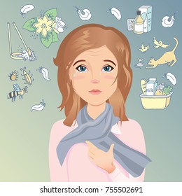 Young woman has an allergy, itching eyes, red eyes, watery eyes, tears. Allergic to dust, pollen, animals, medicines, food and insects. / Flat design, vector cartoon illustration