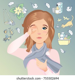 Young woman has an allergy, itching eyes, red eyes. Allergic to dust, pollen, animals, medicines, food and insects. / Flat design, vector cartoon illustration