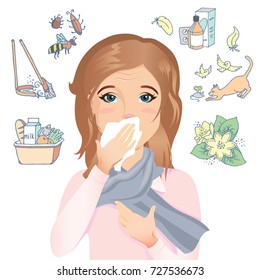 Young woman has an allergy, runny nose and cough. Allergic to dust, pollen, animals, medicines, food and insects. / vector cartoon illustration