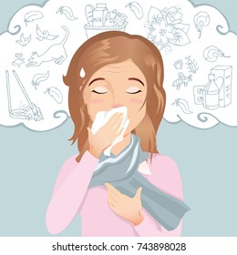 Young woman has an allergy, runny nose and cough. Allergic to dust, pollen, animals, medicines, food and insects. / vector cartoon illustration