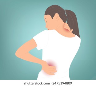 Young woman has back and neck pain, health problems, muscle inflammation or osteomyelitis. Vector illustration.