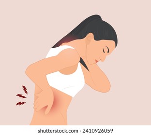 A young woman has back and shoulder problems. She is experiencing pain. Use her hands to massage to reduce the symptoms. Vector illustration.