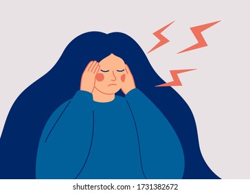 Young woman has a dreadful headache. The sad woman touches her temples with her hands and suffers from a migraine. Vector illustration