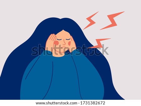 Young woman has a dreadful headache. The sad woman touches her temples with her hands and suffers from a migraine. Vector illustration