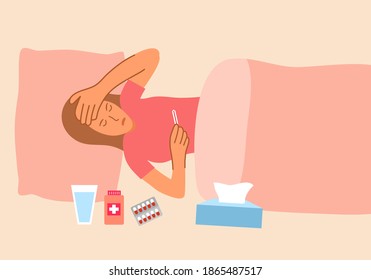 Young woman has fever and looking at thermometer. Female got virus influenza and sneeze. Illness patient with medicine in flat design.