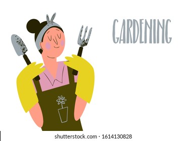 A  young woman has garden tools in her hand. A person in yellow gardening gloves and green apron holds garden trowel and garden fork. Planting, growing and gardening concept. Flat vector illustration.