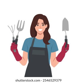 Young woman has garden tools in her hand. Flat Vector character illustration