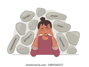 A young woman has a heavy load of negative emotions on her shoulders in the form of stones. Depressed girl in despair. Vector illustration about mental health.