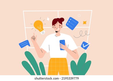 Young woman has an idea, raises her finger, takes a note to remember her solution, types her thoughts, uses note-taking app on her smartphone, floating lamp icon, vector characters illustration