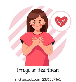 Una joven tiene un latido irregular del corazón. Dolor torácico, problemas respiratorios. Un síntoma de enfermedad cardíaca. Ilustración vectorial al estilo de las caricaturas, aislada en un fondo blanco