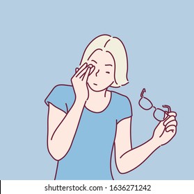 young woman has pain in the eye. this can use for poster,website and advertising about eye care or body treatment. Hand drawn style vector design illustrations.