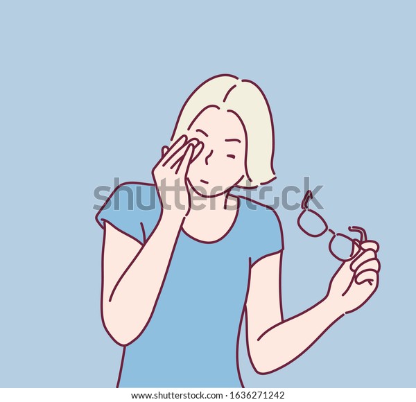 young woman has pain in the\
eye. this can use for poster,website and advertising about eye care\
or body treatment. Hand drawn style vector design\
illustrations.