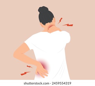 Young woman has pain in her waist and neck due to muscle inflammation or osteomyelitis. Vector illustration.