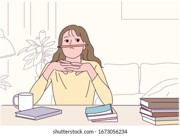 A young woman has a pensive expression sitting at her desk. She has a funny pose with a pen between her nose and lips. hand drawn style vector design illustrations. 