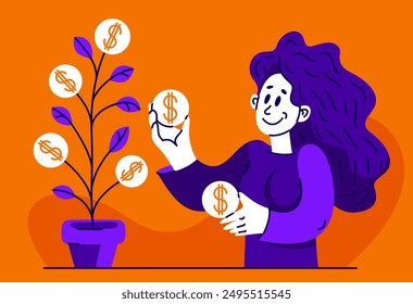 Young woman has a pot with a money tree, vector concept of savings and investments, return on investment, finance.