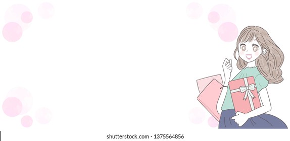 A young woman has a shopping bag and a present. With the text space.