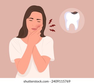Young woman has toothache due to dental caries or gingivitis, oral and dental health problems. Vector illustration.