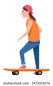 Young woman with hat back on skateboard cartoon ,vector illustration graphic design.