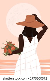 A young woman in a hat with a bouquet of flowers in her hands looks at the sun from behind. Minimalistic abstract art portrait of female, poster, postcard. Vector graphics. Social media backgrounds.