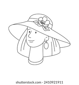 Young woman with hat. Chic female headwear with floral embellishment. Fashion linear illustration. Vector graphic. Editable stroke.