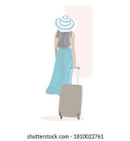 Young woman in hat and cute summer dress standing and holding travel bag, summer vacation and fashion style concepts. Vector and logo illustration.