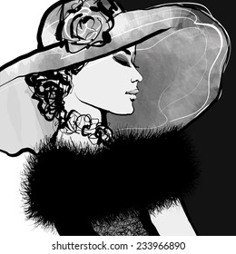 Young woman with hat and fur - Vector illustration