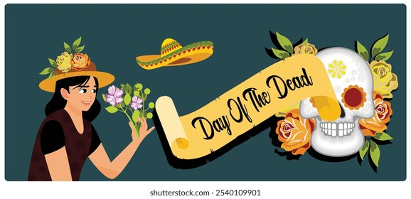 Jovem mulher com chapéu e flores de calêndula. Chapéu Sombrero para festa tradicional no México. Conceito de Dia dos Mortos. Ilustração de vetor plano.