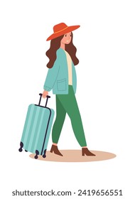 Young woman in a hat with a suitcase in her hand. Travel concept. Side view, woman walking with suitcase to airport or train station. Vector illustration.