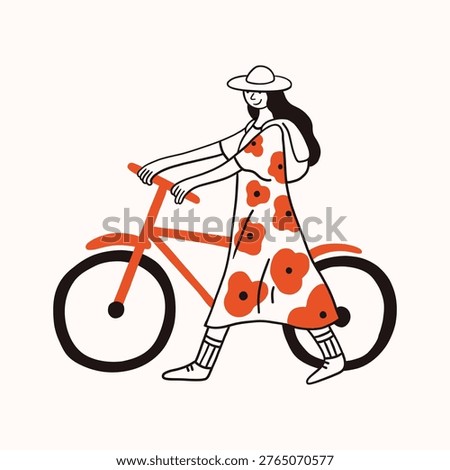 Young woman in hat transporting a bicycle, carry a bike. Dress with flowers.. Funny simple doodle style. Cyclist in movement. Ride, cycling, bicycle, sport concept. Hand drawn modern Vector 