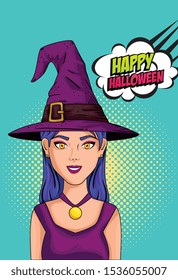 young woman with hat witch and cloud style pop art vector illustration design