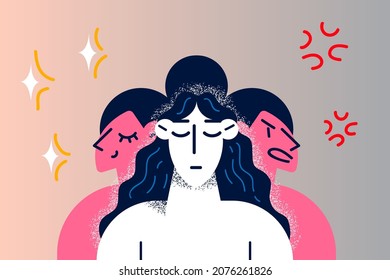 Young woman have different emotions suffer from mood swings have bipolar disorder. Girl struggle with mental illness, need psychological help or counseling. Healthcare. Flat vector illustration. 