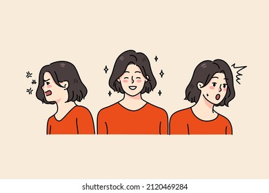 Las mujeres jóvenes tienen diferentes emociones y tienen trastorno emocional. Las niñas que se sienten enojadas y felices sufren de trastorno bipolar o esquizofrenia. Salud y medicina. Ilustración vectorial. 