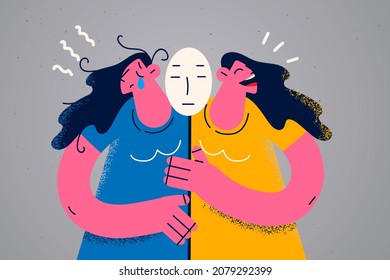 Young woman have different emptions, crying and laughing suffer from mental psychological disease. Girl have mood swings struggle with bipolar disorder. Psychiatry concept. Flat vector illustration. 