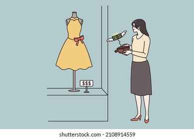 Young woman have financial problems dream of dress from clothing shop or boutique. Unhappy girl bankrupt look at garment in store window. Shopping and consumerism. Vector illustration. 