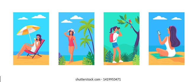 A young woman have funny summer vacation time. Flat vector banners