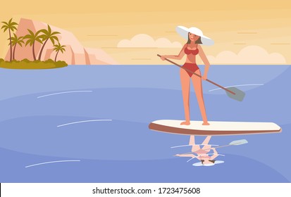 Young woman have summer vacation on sea. Stand Up Paddle Surfing concept. Flat Art Vector Illustration