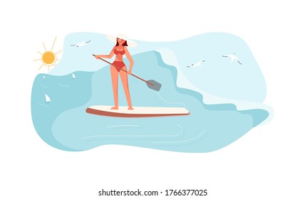 Young woman have summer vacation on sea. Stand Up Paddle Surfing concept. Flat Art Vector Illustration