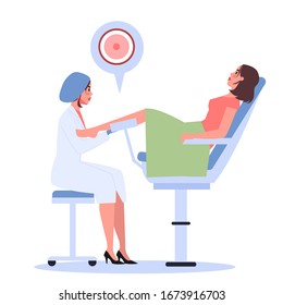 Young woman have in vitro fertilization treatment in fertility clinic. Gynecologist doctor take a woman egg. Female and male reproductive health concept. Vector illustration in cartoon style