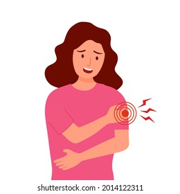 Young woman having arm pain in flat design on white background. Physical injury. Muscle or bone problem.