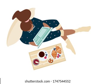 Young woman having a breakfast in bed and using tablet. Vector flat illustration. Coffee and cake.