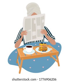 Young woman having a breakfast in bed and reading newspaper. Vector flat illustration.