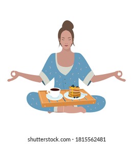 Young woman having a breakfast in bed and doing yoga meditation. Vector flat illustration. 