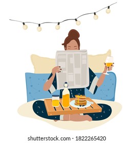 Young woman having a breakfast in bed and reading newspaper. Vector flat illustration.