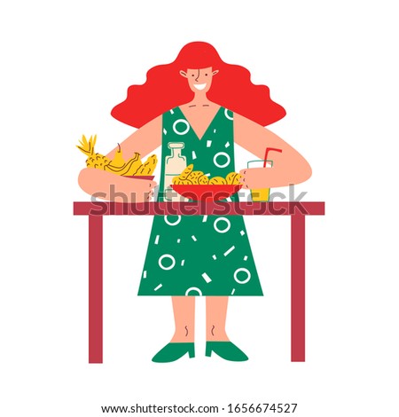 Young woman having breakfast at the dining table, people activity, daily routine vector Illustration on a white background