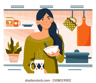 Young woman having breakfast in her kitchen with cereal and coffee in a Daily Life concept , colorful vector cartoon illustration